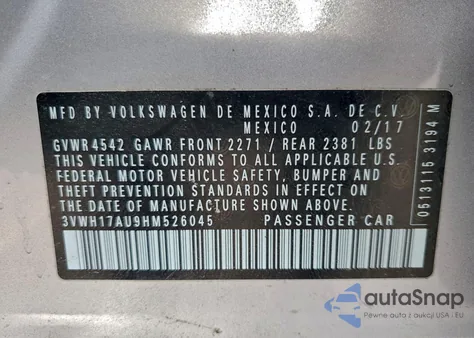 2017 Volkswagen Golf Alltrack S из США, поврежденный, VIN 3VWH17AU9HM526045